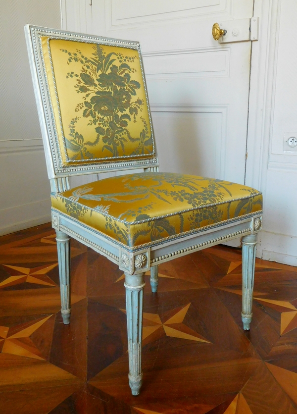 Pluvinet : mobilier de salon 4 pièces d'époque Louis XVI, damas de soie jaune - estampillé